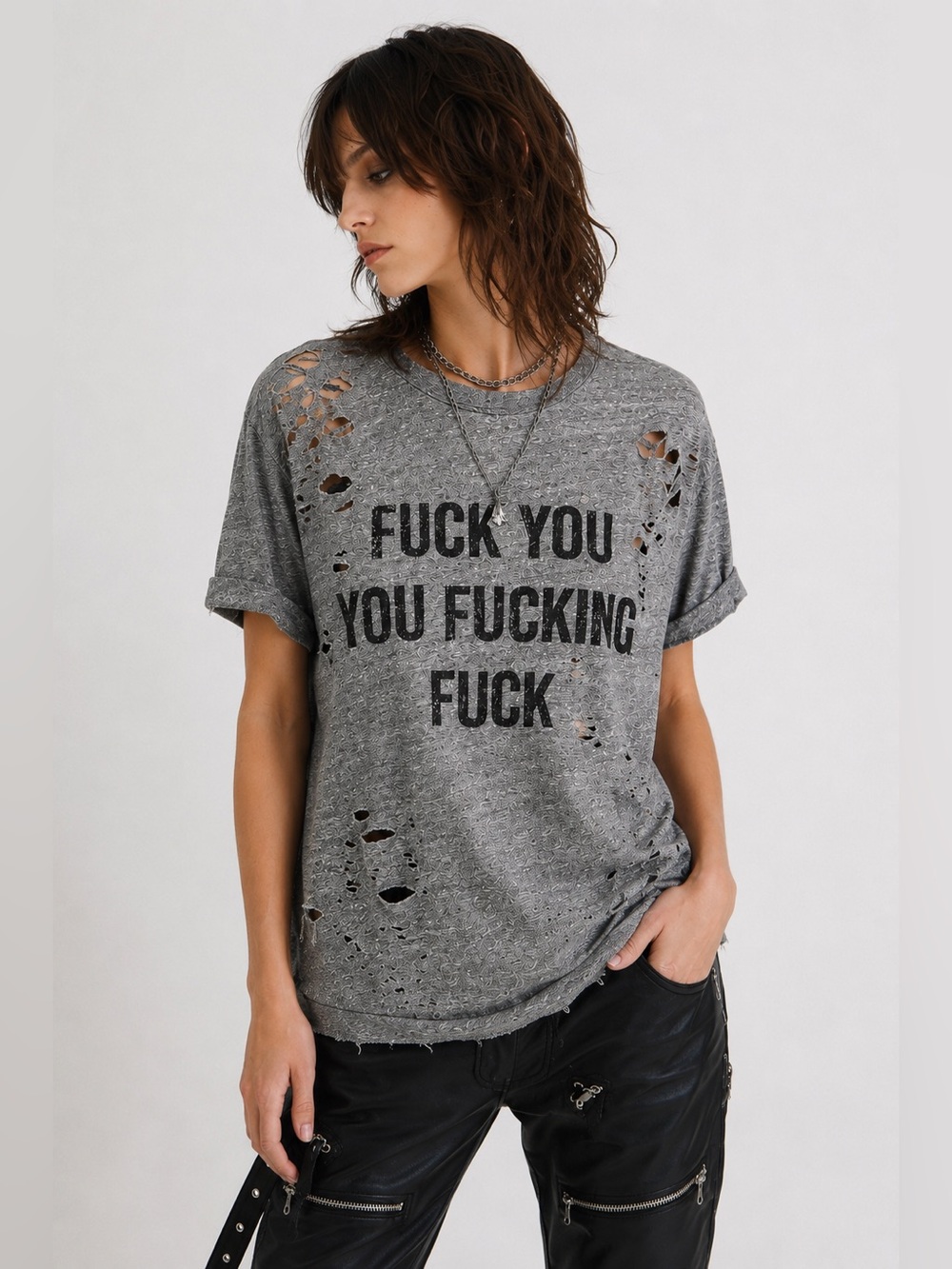 R13 F U Ripped Boy Tee Unisex Small Heather Gray Distressed Graphic T-Shirt